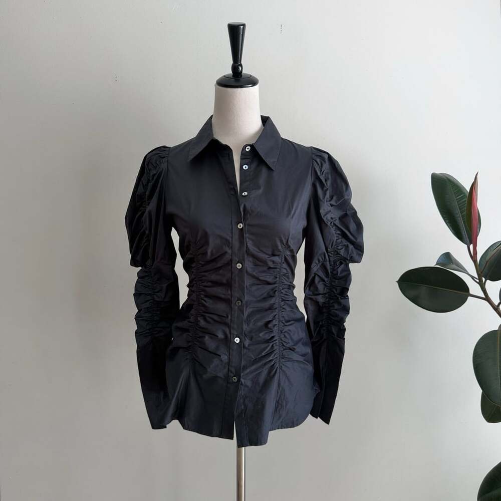 Fray I.D Button-Up Shirt Size 0 Black Cotton Spandex Ruched